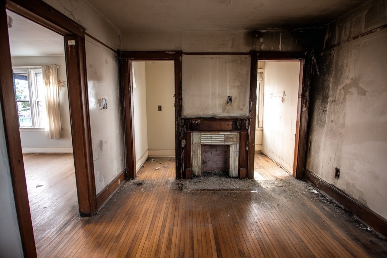Interior of fire damaged house in Ohio showing structural damage