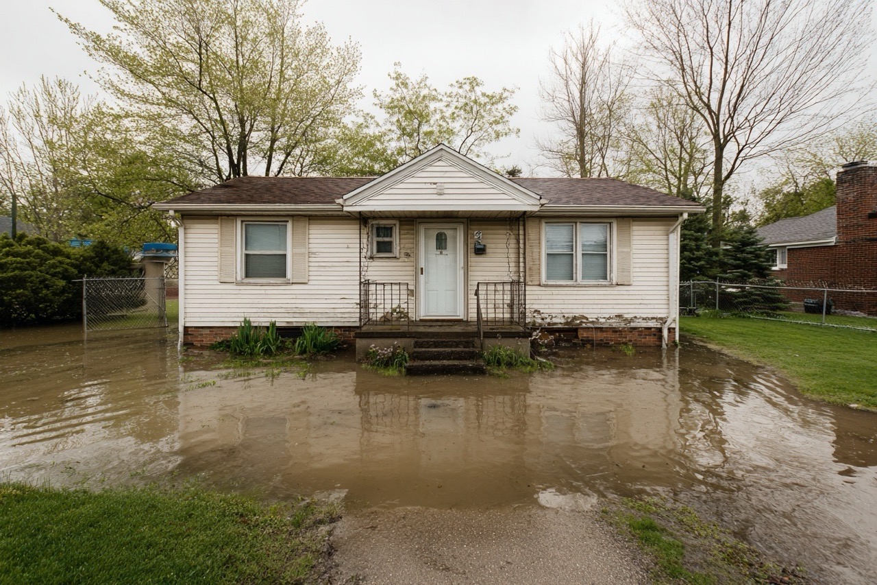 Ohio residential property with flood damage and standing water