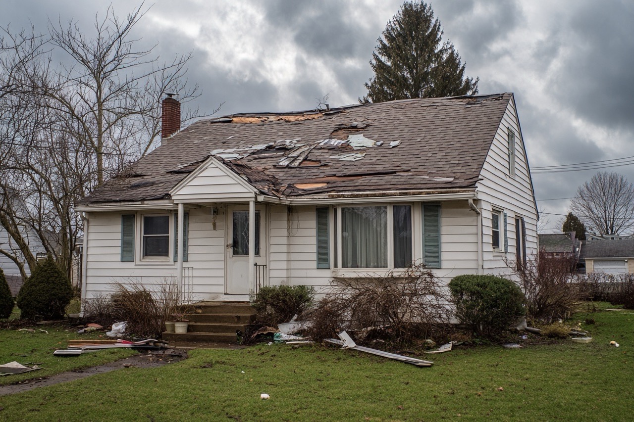 Storm damaged house in Ohio with visible roof and siding damage